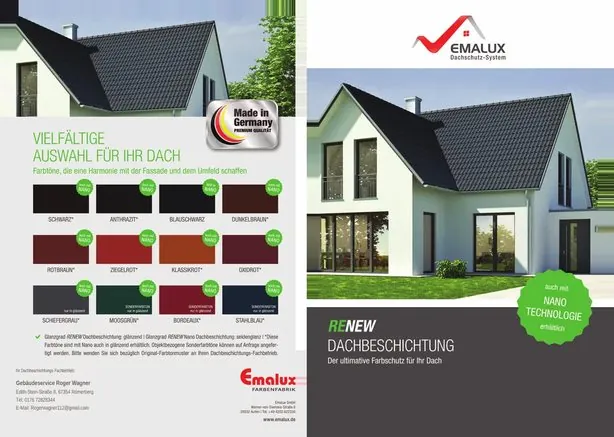 Falzflyer für Emalux – Dachbeschichtung · Außenseiten, gestaltet von Fly & Froth