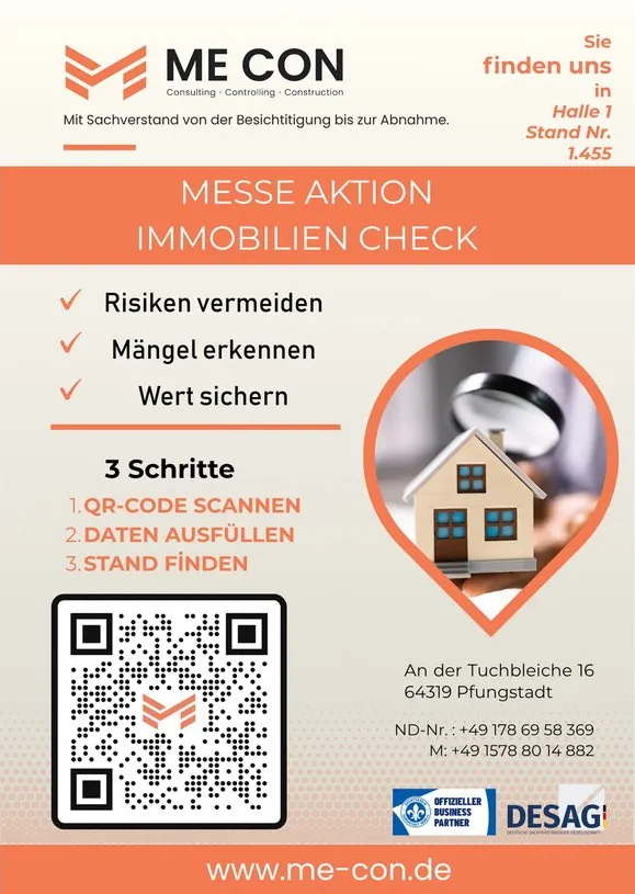 Messe-Flyer für ME CON – Bausachverständige · Pfungstadt, gestaltet von Fly & Froth