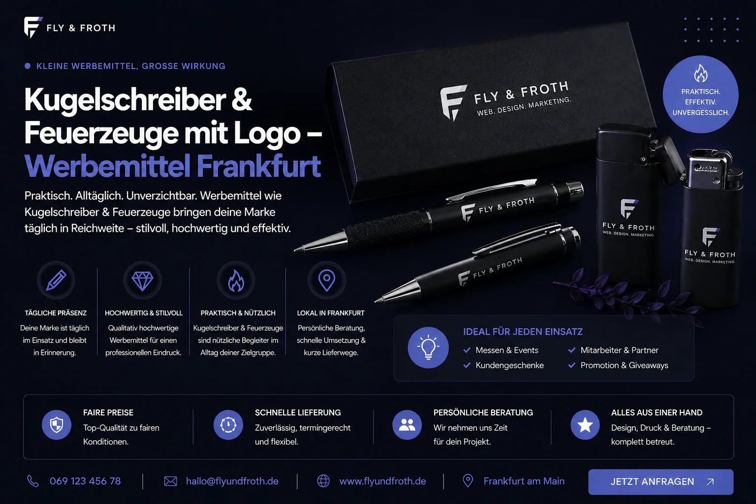 Kugelschreiber und Feuerzeuge mit Logo bedrucken Frankfurt – Fly & Froth