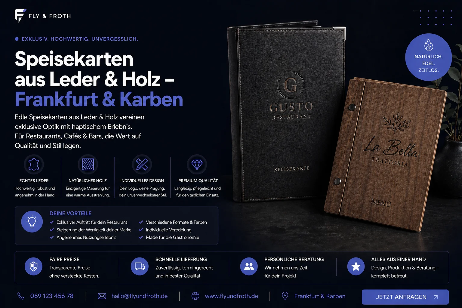 Speisekarten aus Leder und Holz Frankfurt – Fly & Froth