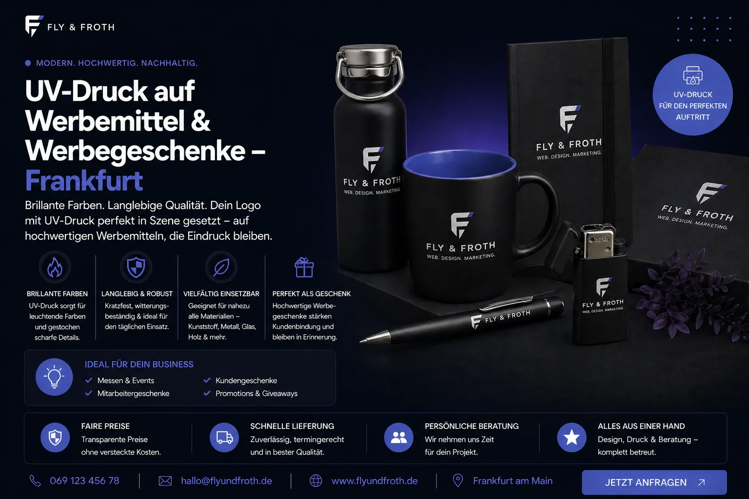 UV-Druck auf Werbemittel Frankfurt – Holz Leder Metall Fly & Froth