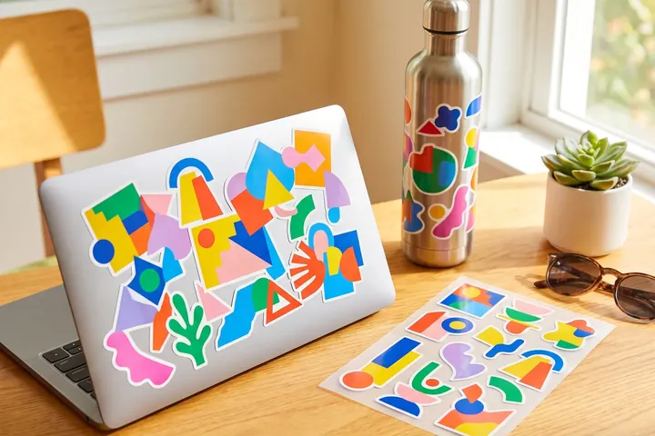 Produktbeispiel: bunte Aufkleber auf einem Laptop und einer Trinkflasche