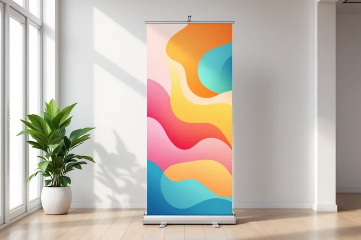 Produktbeispiel: farbiges Roll-up-Banner in einem hellen Empfangsbereich