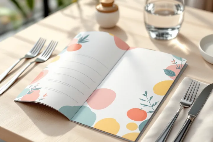 Produktbeispiel: aufgeklappte Speisekarte auf einem gedeckten Restauranttisch