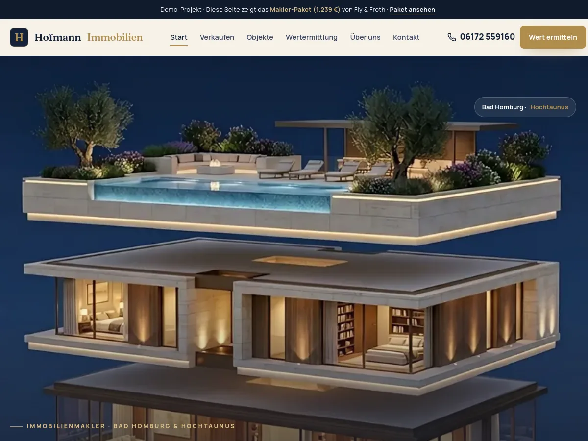 Demo-Website Hofmann Immobilien – Immobilienmakler, gestaltet von Fly & Froth