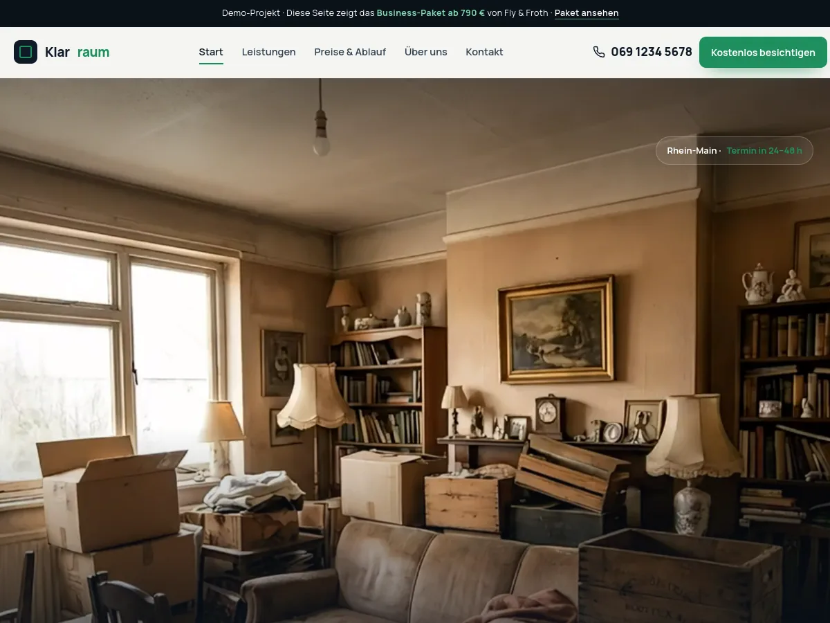 Demo-Website Klarraum Entrümpelung – Entrümpelung, gestaltet von Fly & Froth