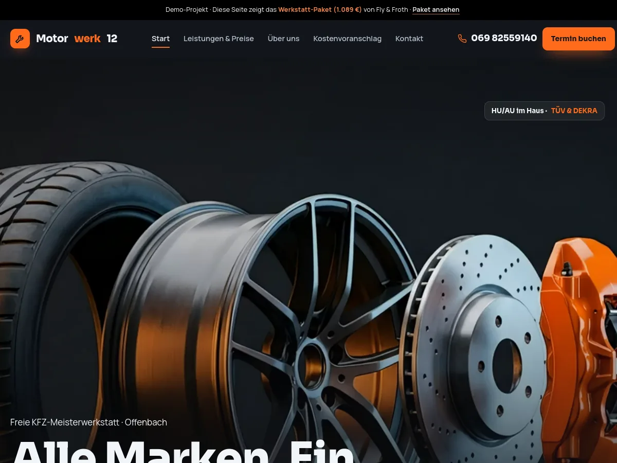 Demo-Website Motorwerk 12 – KFZ-Meisterwerkstatt, gestaltet von Fly & Froth