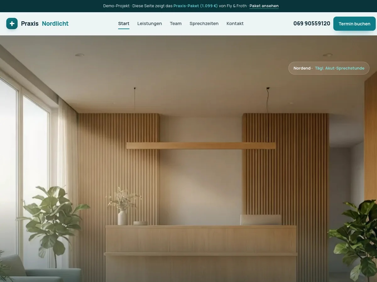 Demo-Website Praxis Nordlicht – Arztpraxis, gestaltet von Fly & Froth