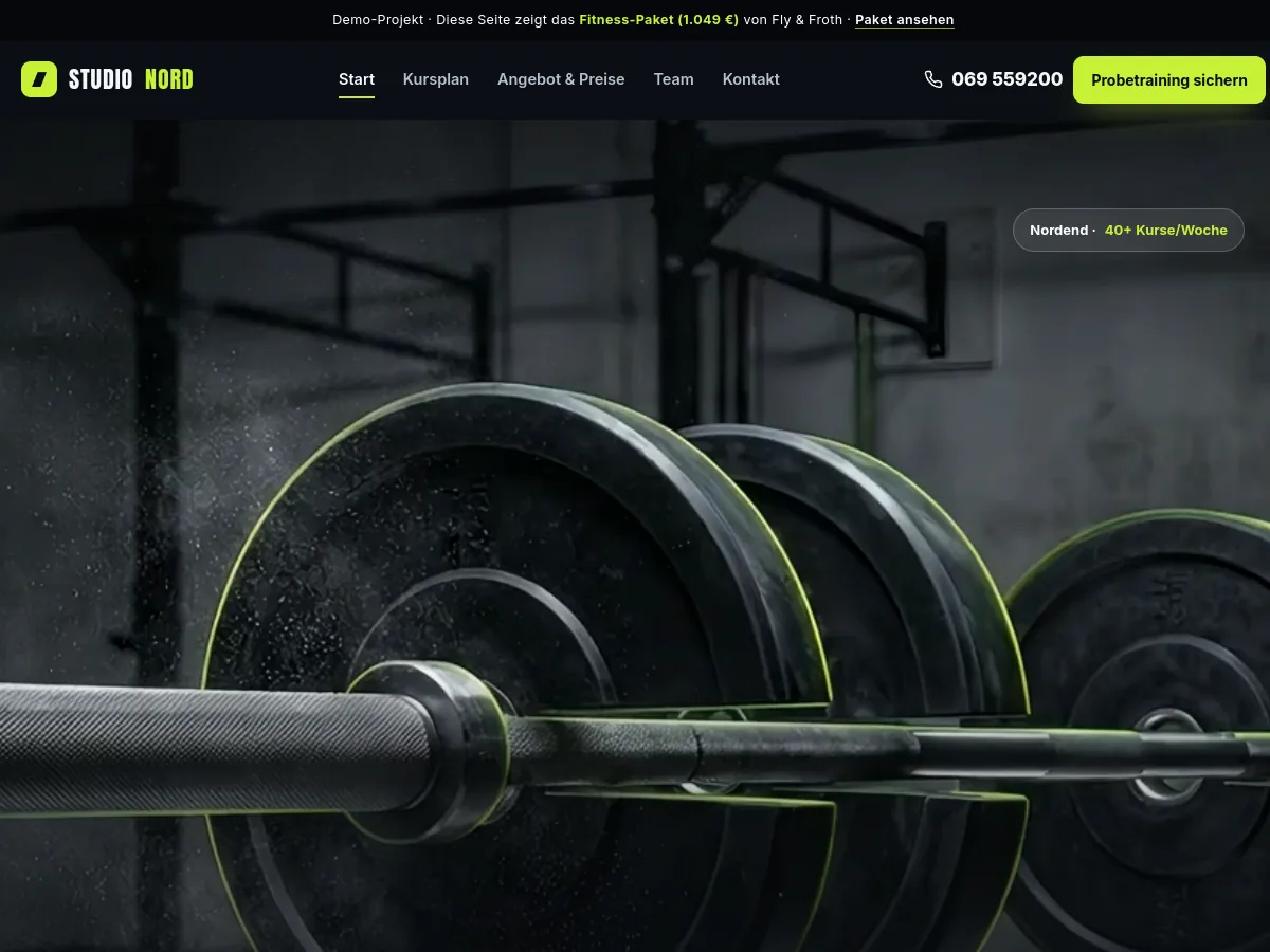 Demo-Website Studio Nord – Fitnessstudio, gestaltet von Fly & Froth