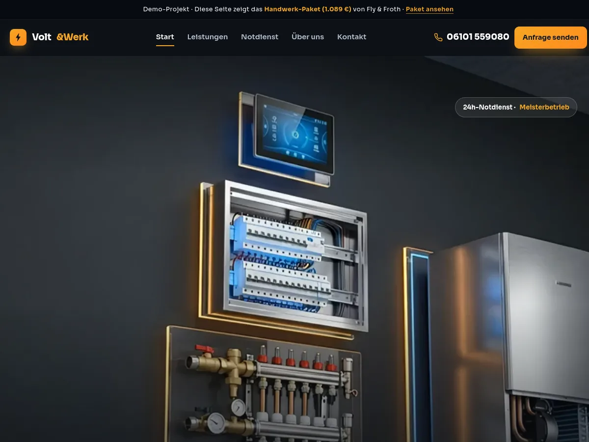 Demo-Website Volt & Werk – Elektro, Sanitär & Heizung, gestaltet von Fly & Froth